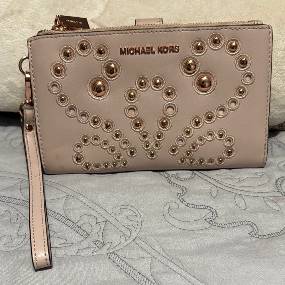 Michael Kors Pink and Rose Gold Wristlet with Floral Studs